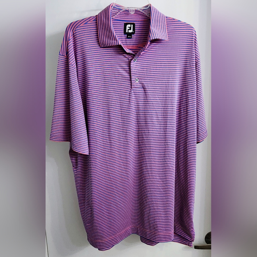 Footjoy Polo Shirt Magenta Blue Stripes Lisle Feeder Stripe Self Collar Size XL